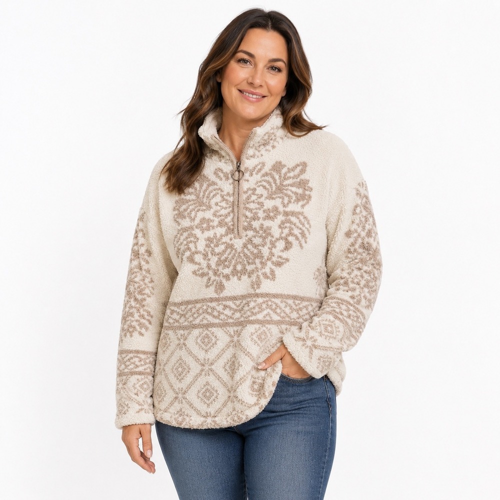 Knox Rose Womens Large Sherpa Fleece Quarter‎ Zip Pullover Floral Cream Tan